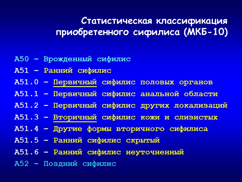 Статистическая классификация приобретенного сифилиса (МКБ-10) А50 – Врожденный сифилис А51 – Ранний сифилис А51.0
